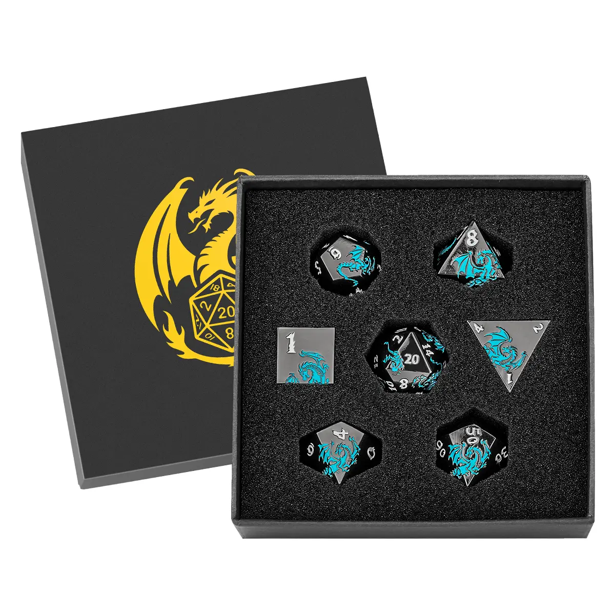 Face Blue Dragon Flat Dnd Alloy Dice Set, Polyhedral Dice, Metal Dice Set, Dragon Pattern, 7 Sided Metal Dnd Dice Set, Role Playing Board Game Accessories