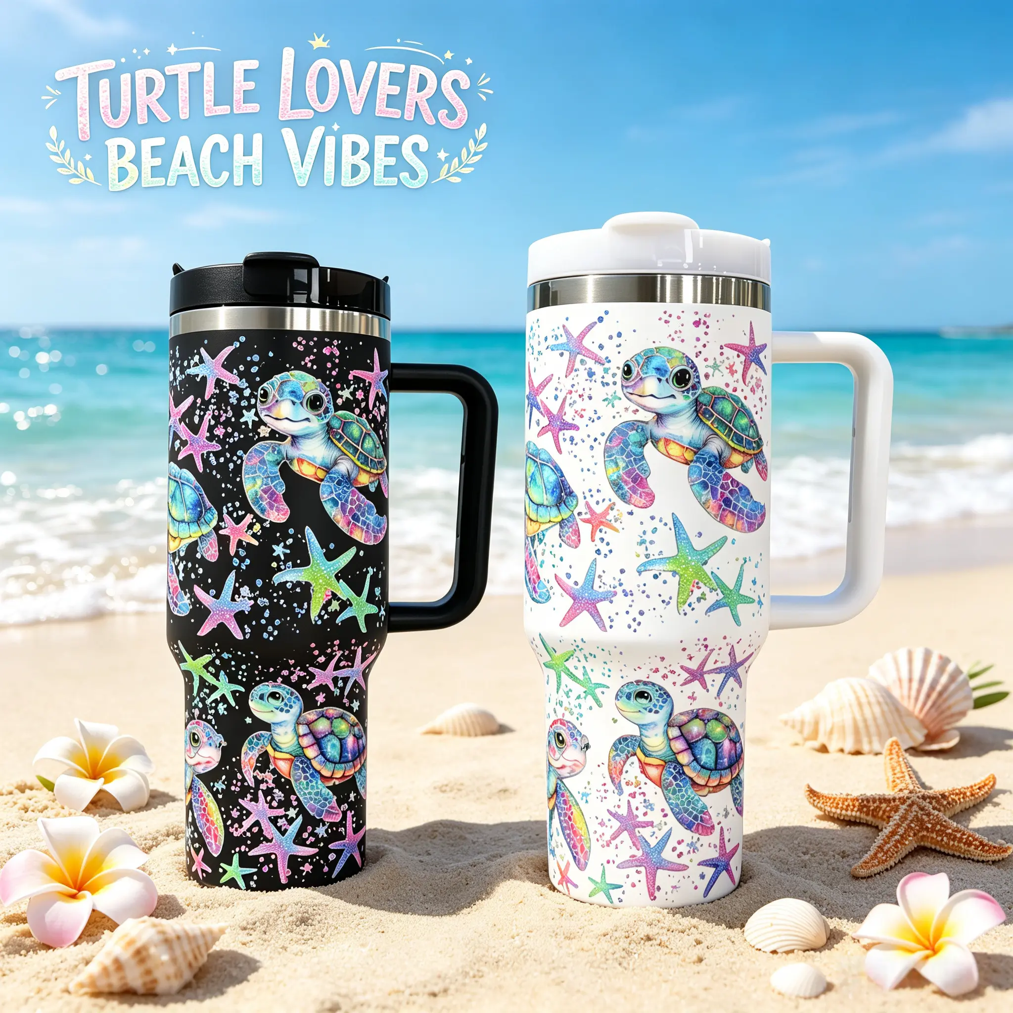 40oz Insulated Stainless Steel Double-Wall Vacuum Flask Tumbler Cup with Handle, Leak-Proof Lid & Straw, Beach Tropical Sea Turtle Stars Print, Outdoor Large-Capacity Drinkware for Car Office, Gift for Beach Lovers, Flasks