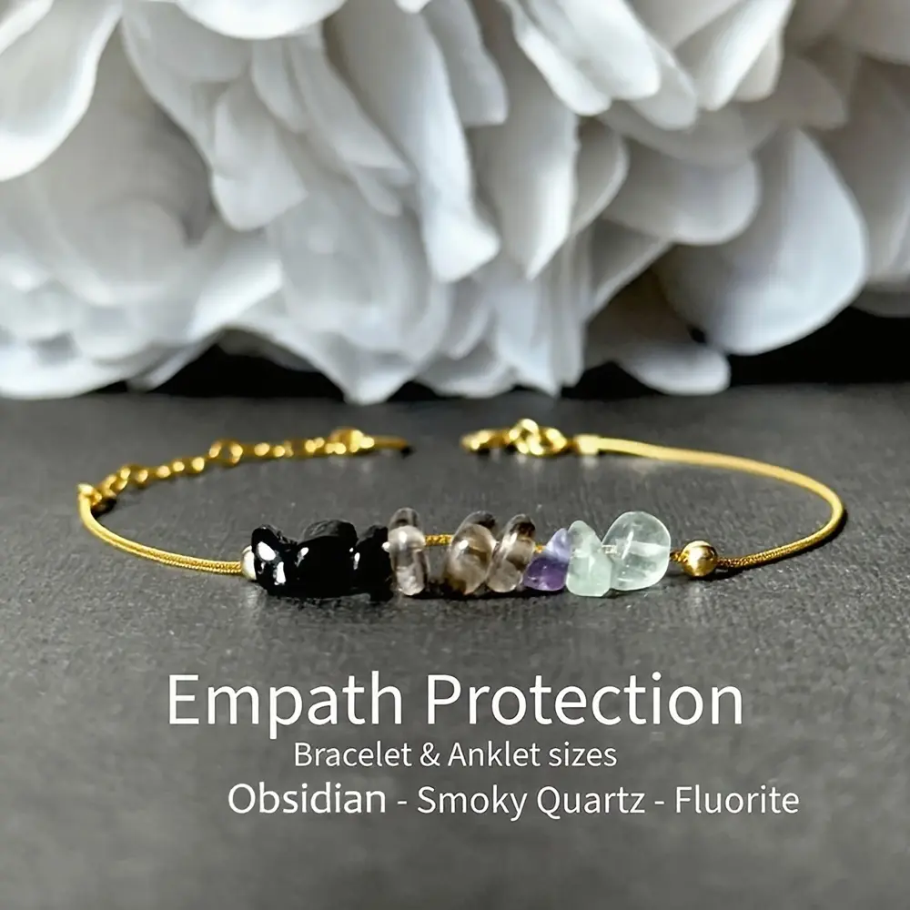 Soft Non-Natural Crystal Bead Bracelet - Black Obsidian, Smoky Quartz, Fluorite, Handmade Adjustable, Comforting Energy, Minimalist Everyday Jewelry for Birthday Gifting, Empath Protection Accessory, Crystal Beads, Elastic Cord, Non-Natural Crystal Bracel