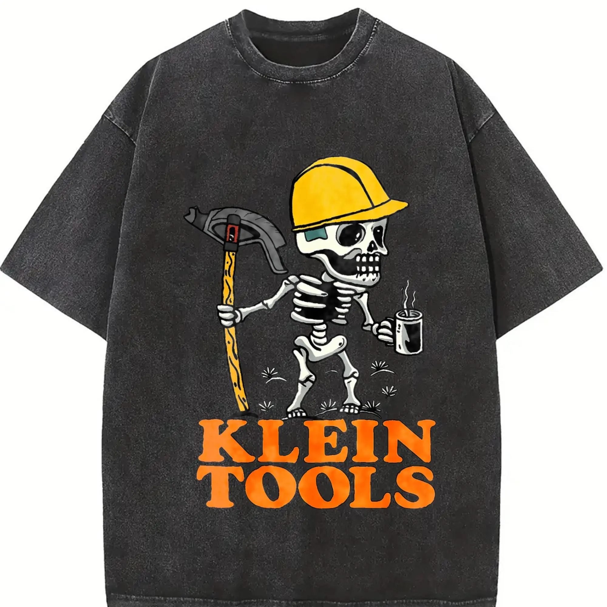 Men Klein Tools Skeleton Worker Double Sided Tee, Electrician Construction Graphic Cotton Workwear Short Sleeve Shirt