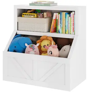 Kids Bookshelf and Toy Storage Organizer with Cubby, Wooden Toddler Bookcase for Playroom Bedroom Nursery Classroom, 2 Tier Childrens Storage Cabinet with Top Shelf and Open Cubbies, Freestanding Kids Room Organizer