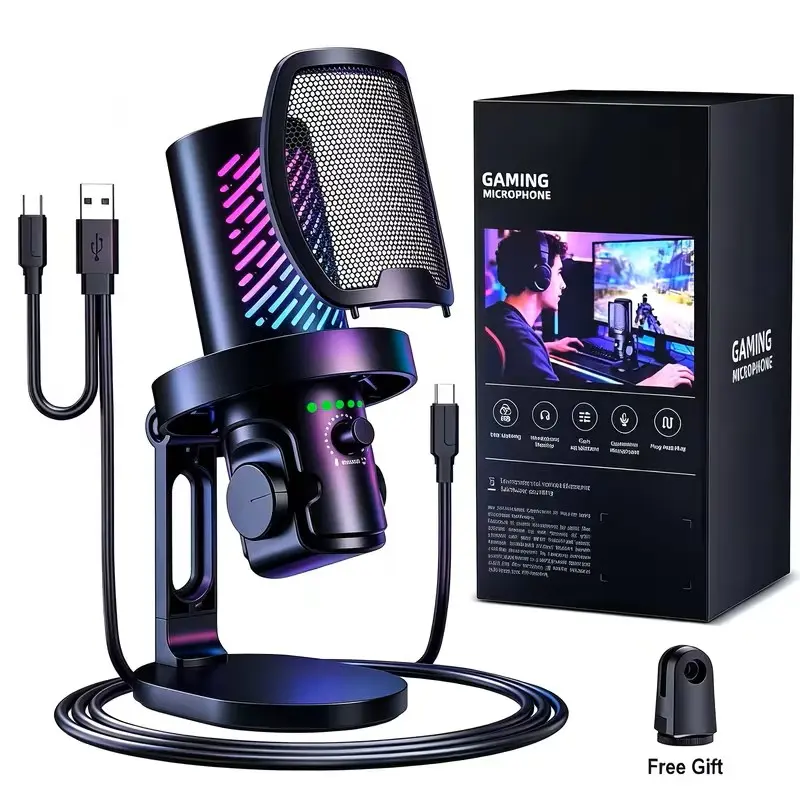 Wired Gaming Microphone with Boom Arm & Table Mount, PC/Mobile Compatible for Discord Streaming, Clear Voice, Noise Reduction, RGB Lighting, Tap-to-Mute, Gain Control, Headphone Monitoring, Audio Enhancement