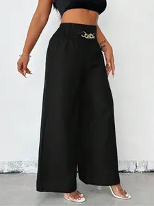 A pair of women's solid-color zipper-enclosed high-waisted stretchable loose-fitting slimming wide-leg trousers that are versatile and suitable for all occasions.