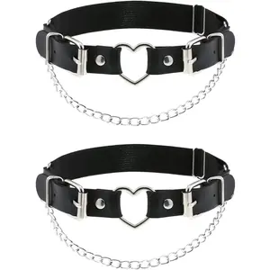 2PCs Leather Leg Garter with Chains, Elastic Rock Heart Thigh Garter for Women