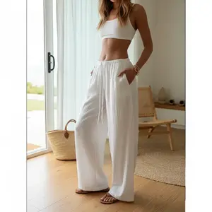 Tiktok Trendy Linen-Linen Wide Leg Pants with Drawstring, Breathable Summer Loose Fit, Beach & Casual Wear, Comfortable Cotton-Linen Fabric