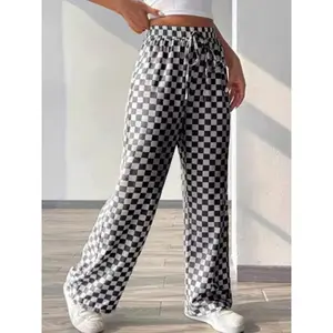 Checkered Printed Pants Lace Up Women's Casual Pants Fashionable High Street Versatile Daily Autumn Wide Leg Pants