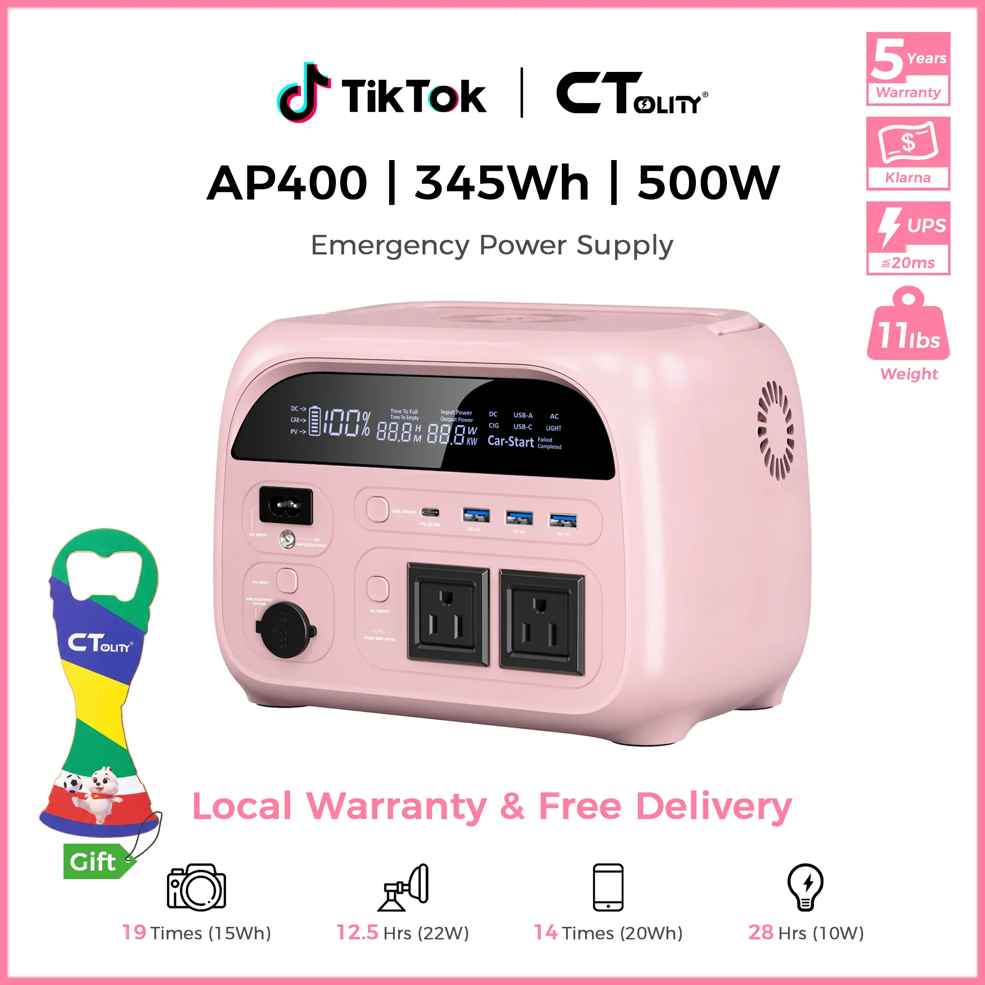 [Summerfinds]CTOLITY AP400 Soft Pink 500W 346Wh Portable Power Station Solar Generator - Fast-Charging Backup Battery for Home Emergencies, Camping, Phone Power Needs