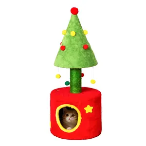 30in Cat Scratching Post with Cat House for Indoor Kitten, Small Cat Tree Tower with Sisal Post and Cute Hanging Balls, Red & Green