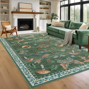 Garvee Whimsical washable area rugs and runners with mushroom and insect designs, available in various sizes and colors, featuring non-slip, stain-resistant, soft, low-pile, foldable, and non-shedding qualities for versatile home use.