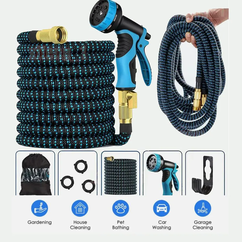 100FT Heavy Duty Expandable Garden Hose, Kink Free and Flexible with Latex Core & Woven Fabric Layer, Includes 8-Mode Spray Nozzle and Copper-Plated Connectors for Watering & Car Washing, Kink Free Hose