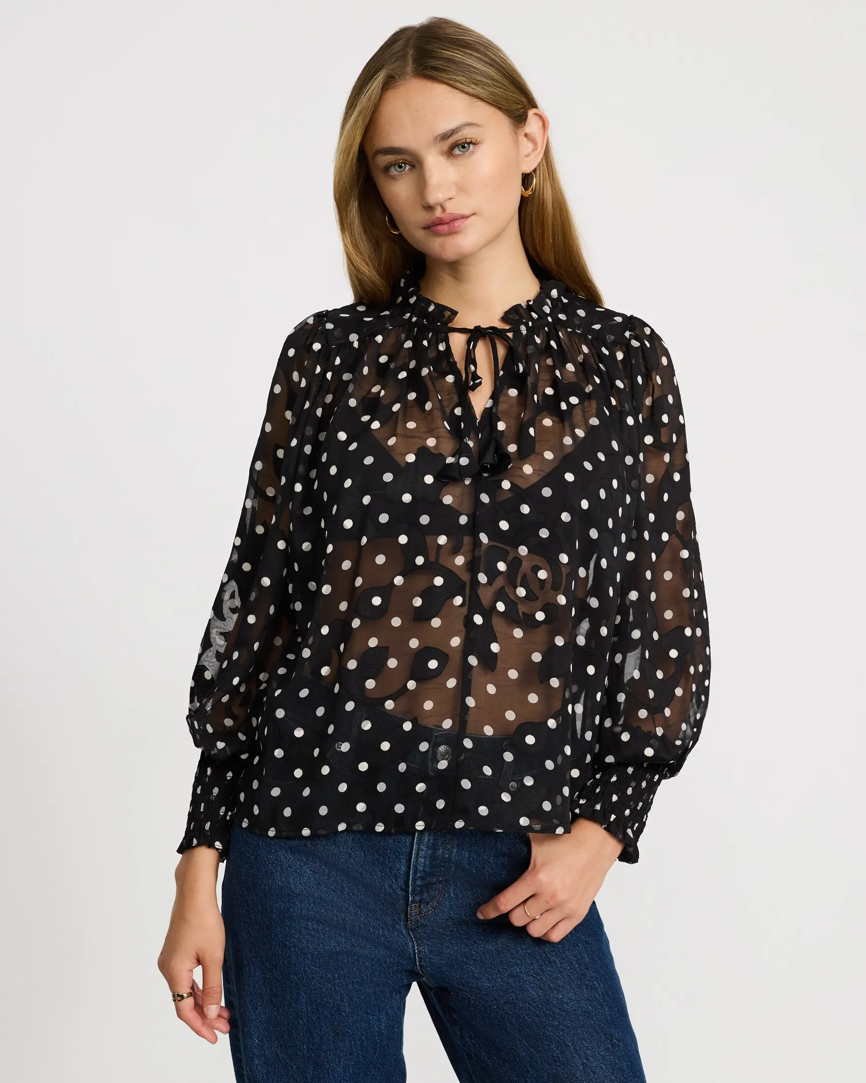 Express Sheer Polka Dot Tie Neck Long Sleeve Top, Polyester, Fabric, Blouse
