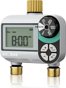 QUOBAS Brass Sprinkler Timer, Programmable Water Hose Timer for Garden Hose Faucet with Waterproof LCD Screen, Rain Delay/Manual/Automatic Irrigation Watering System for Garden, Lawn, Yard - 2 Zone