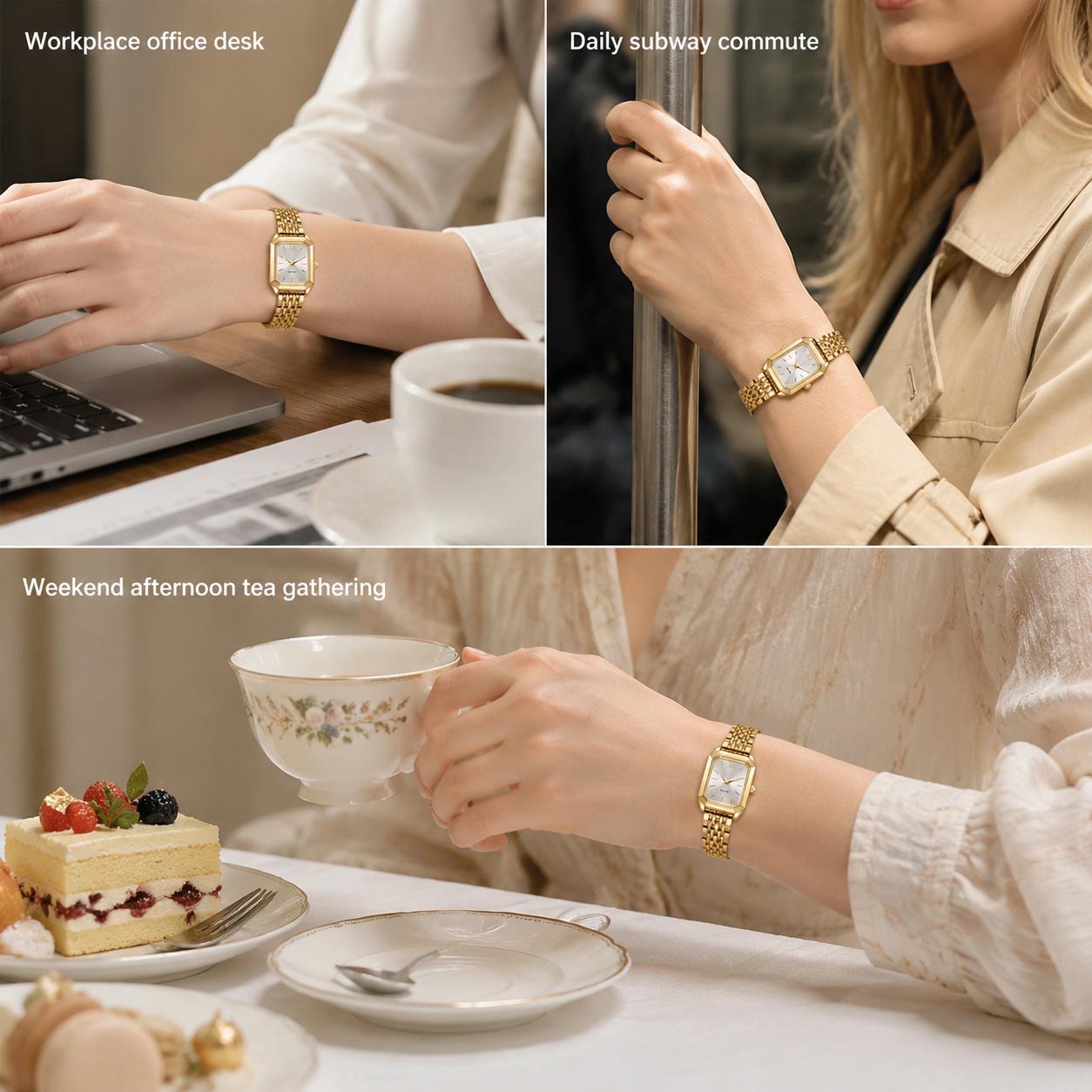 Luxury Ladies Fashion Quartz Watch Simple Scale Square Quality Gold Plated Women Watches Business, Gift Box & Adjuster & Gift for Her | Women's Lightweight Square Quartz Watch - Gold Analog, Elegant Vintage, Small Stainless Steel Bracelet Wristwatch, Girl