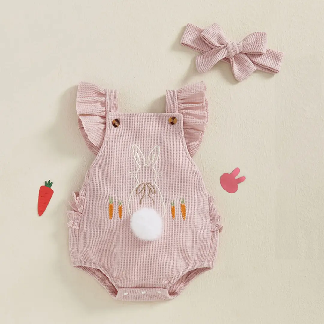 Baby Girls Rompers Bunny Carrot Embroidery Fly Sleeve Frills Backless Summer Toddler Easter Clothes Bodysuits with Headband