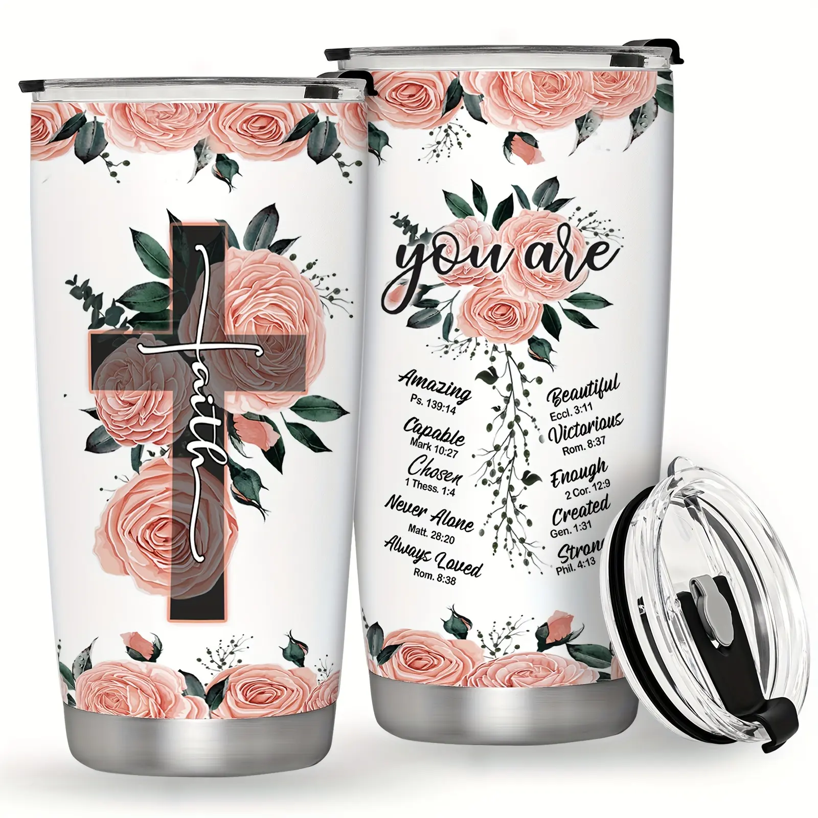 20oz Christian Inspirational Cross Floral Bible Verse Stainless Steel Insulated Water Bottle - Leak-Proof, BPA-Free, Portable, Modern Vacuum Flask - 7-12 Hours Temperature Retention, Perfect Birthday Gift for Women