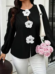 Women's Plus Size Long Sleeve Lantern Sleeves Shirt, 3D Floral Decoration, Round Neck, Petals Elegant Versatile Work Party Spring Fall