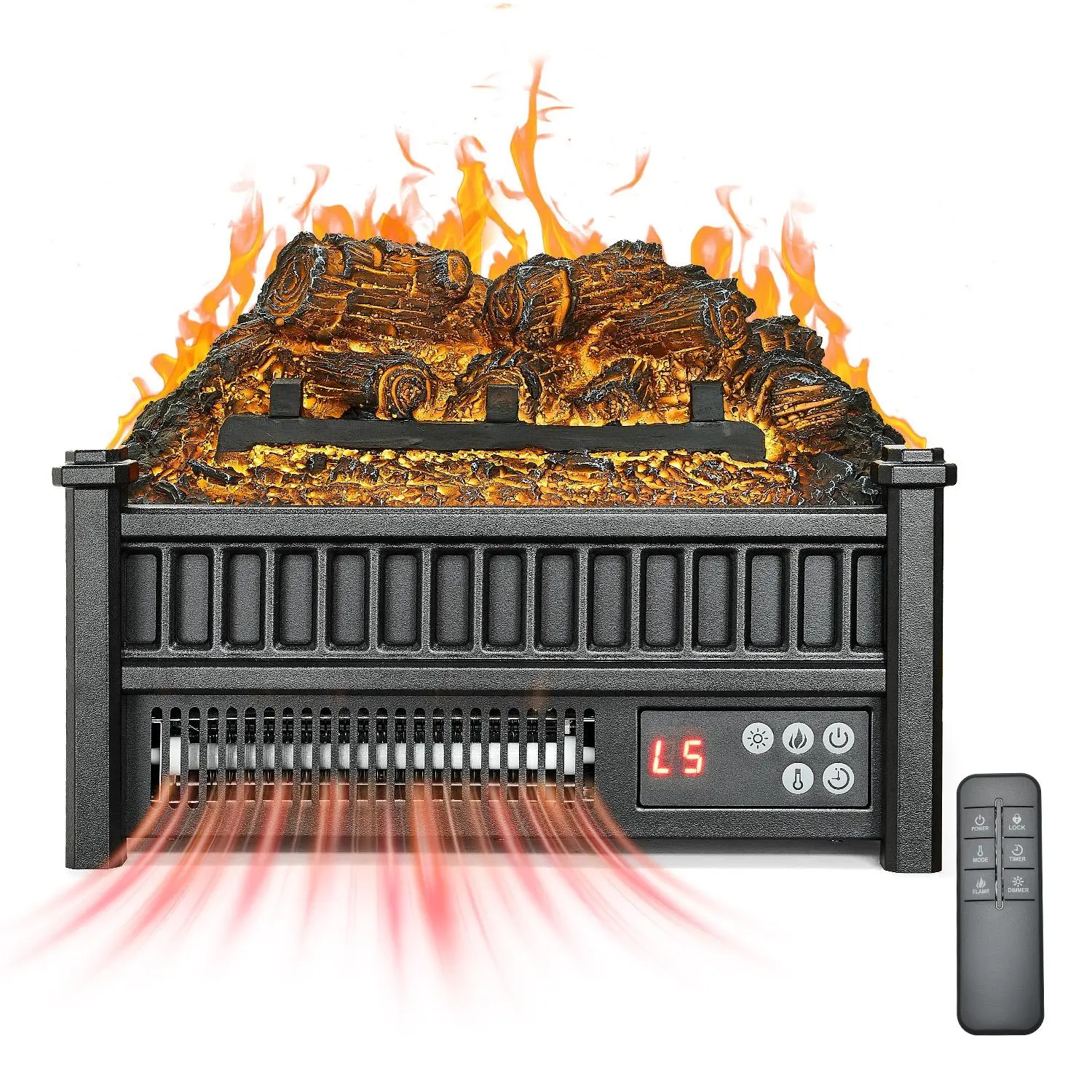 VEVOR 16-in 1500W Electric Fireplace Log Insert Heater (1500 to 1999 W Range), 3D Realistic Flames, 5 Adjustable Flame Brightness & Color Options, 24H Timer, 70-95°F Temp Control, 20ft Wireless Remote Control, Overheat Protection, Black for Home Decor, Of
