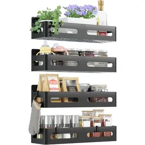 4 Pack Strong Magnetic Spice Rack for Refrigerator, Multipurpose Magnetic Shelf for Fridge with 4 Hooks for Kitchen and Bathroom Organization, Black
