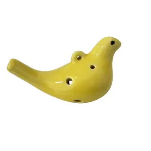 Ceramic Bird Ocarina - 6-Hole Beginner-Friendly Wind Musical Instrument - 3.4oz, 4"x2.5"x3", Durable Glazed Ceramic, Yellow - Cute Décor or Musical Gift