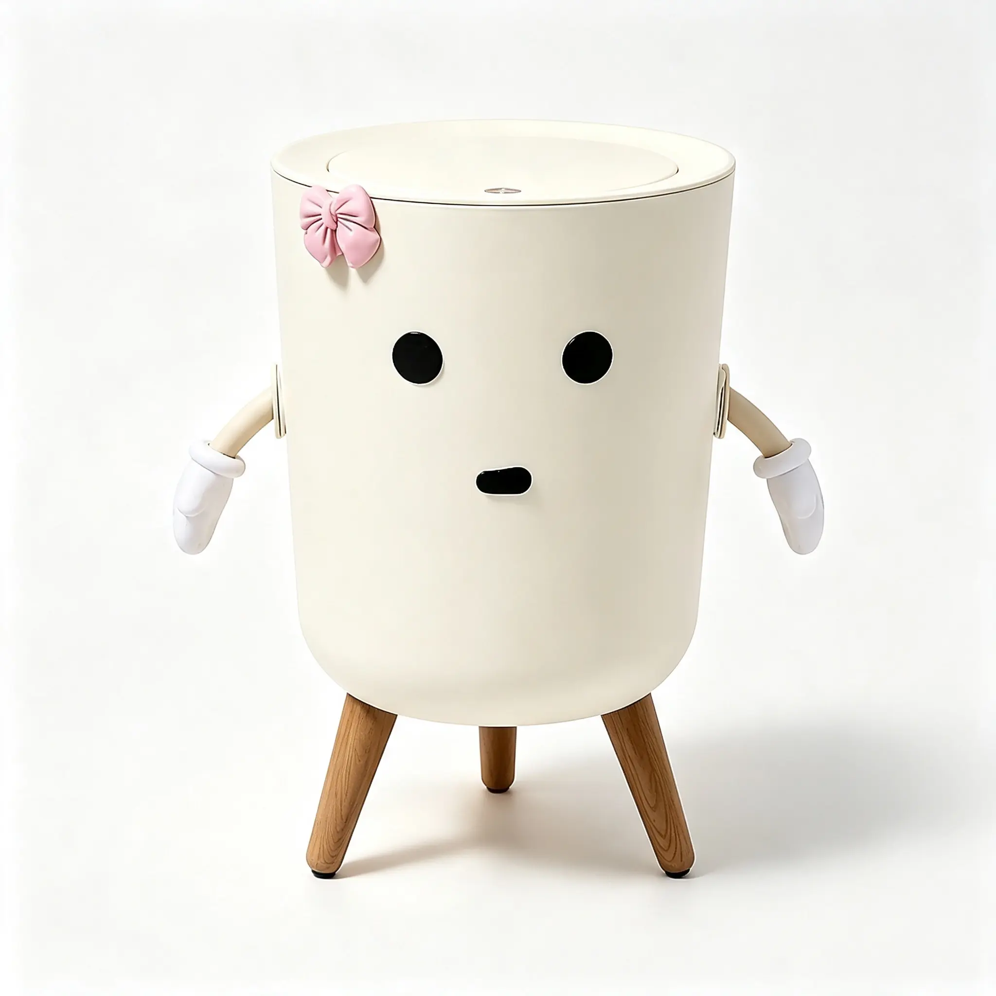 Kawaii Pink Bow Cartoon Press Trash Can - Smooth Thick Plastic, Waterproof, Odor Locking, Elevated Wooden Legs, Waste Bin for Makeup Vanity Table, Bedroom Daily Use