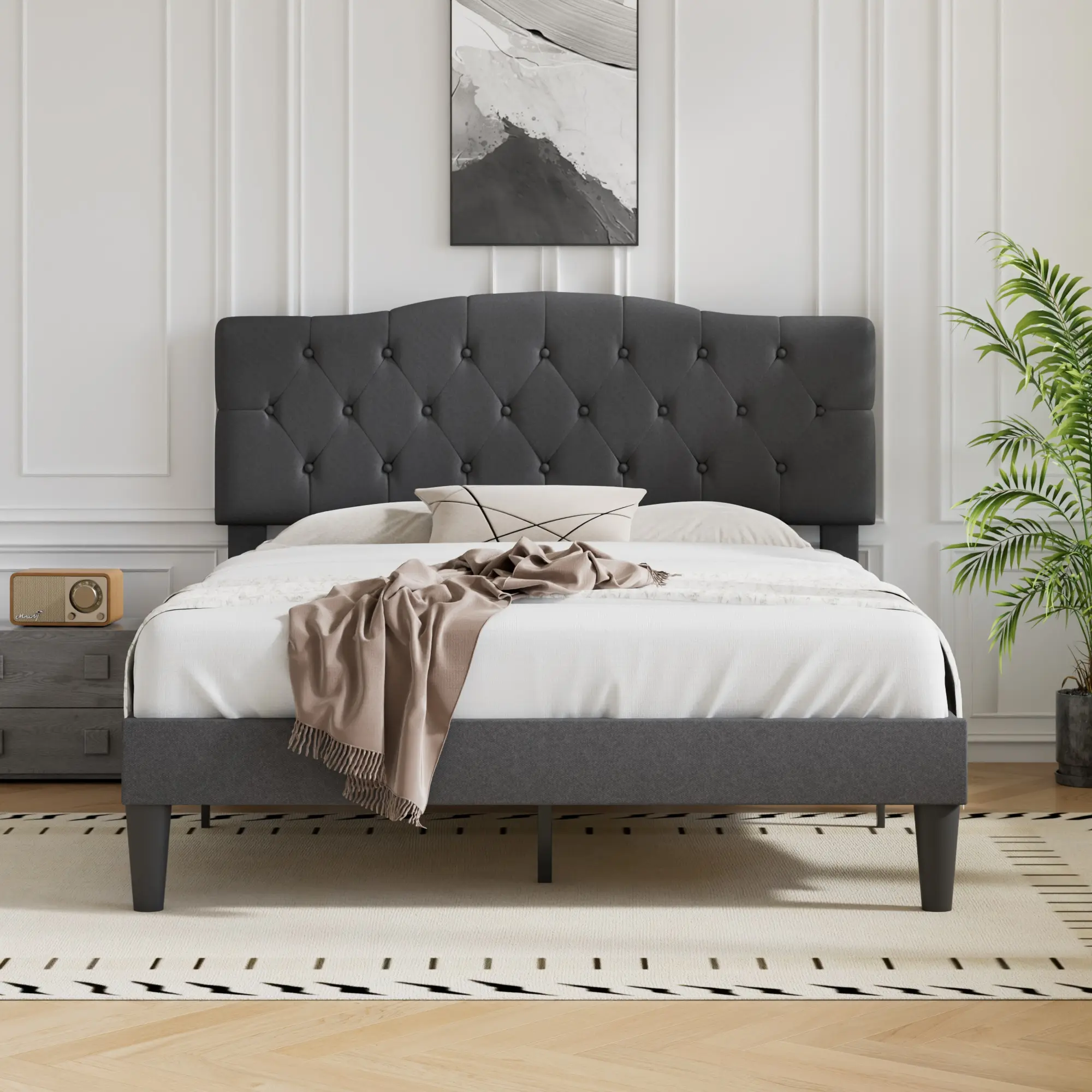 VECELO Twin Size Bed Frame Upholstered Platform with Tufted Adjustable Headboard/Mattress Foundation with Wood Slat Support, Easy Assembly,Beige