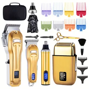 4pcs Professional Men's Grooming Kit: Golden Cordless Hair Clippers & Beard Trimmer Set with Digital Display, USB Rechargeable, Includes Nose Hair Trimmer, Scissors, Brush, and More - Ideal for Salon, Home Use & Gifts, Barber Accessories electric shaver