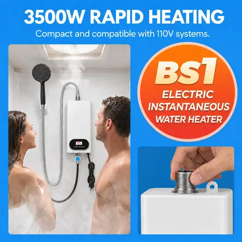 110V Electric Tankless Water Heater Appliance - 3500W Fast Heat, LCD Digital Control, Compact Space-Saving Design, 110V Easy Install with Plug, Included Shower Head for Apartments, Small Indoor Bathrooms