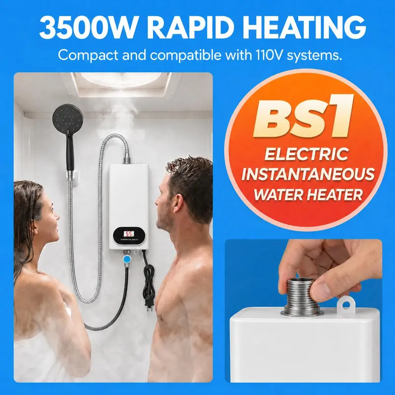 110V Electric Tankless Water Heater Appliance - 3500W Fast Heat, LCD Digital Control, Compact Space-Saving Design, 110V Easy Install with Plug, Included Shower Head for Apartments, Small Indoor Bathrooms