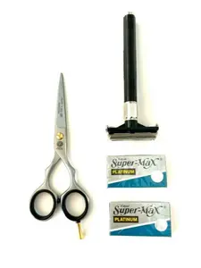 4pcs Men’s Old Fashion Safety Razor PLUS Professional Scissors Shaving Grooming Men’s Holiday Excellent Gift Set Kit