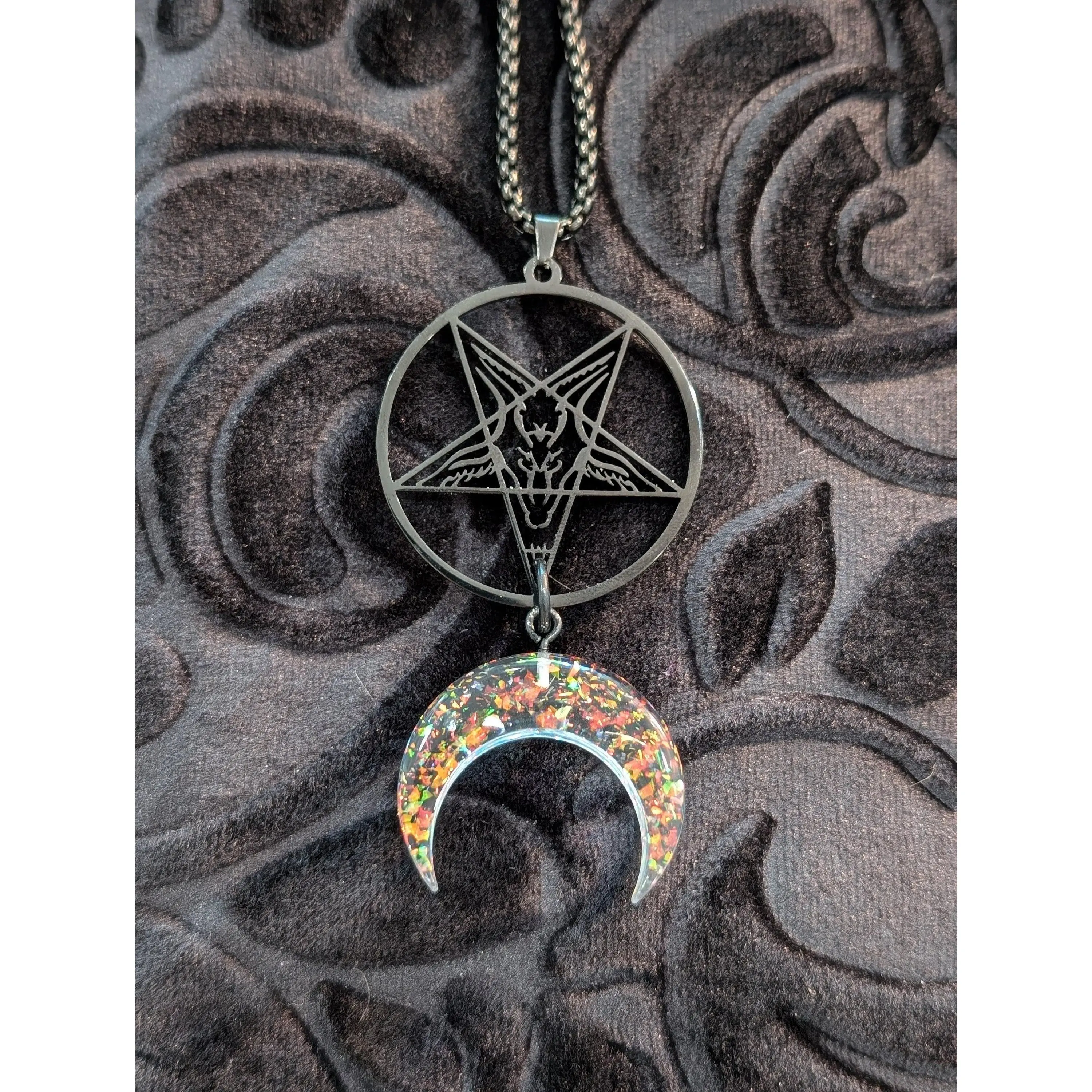 Black Stainless Steel and Opalescent Red Flame Glitter Moon and Baphomet Necklace