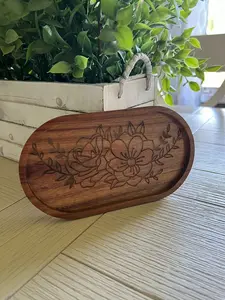 Wood Acacia Soap Tray Jewelry Tray Cheese Platter Ring Dish Floral Flowers Personalized Engraved