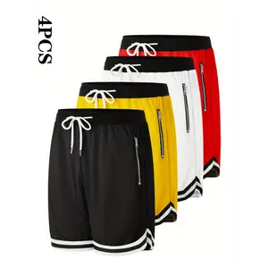 4pcs Men's Casual Athletic Shorts With Zipper Pockets - Breathable Polyester, Elastic Waistband, Multi-Color Basketball & Sports Wear, Machine Washable