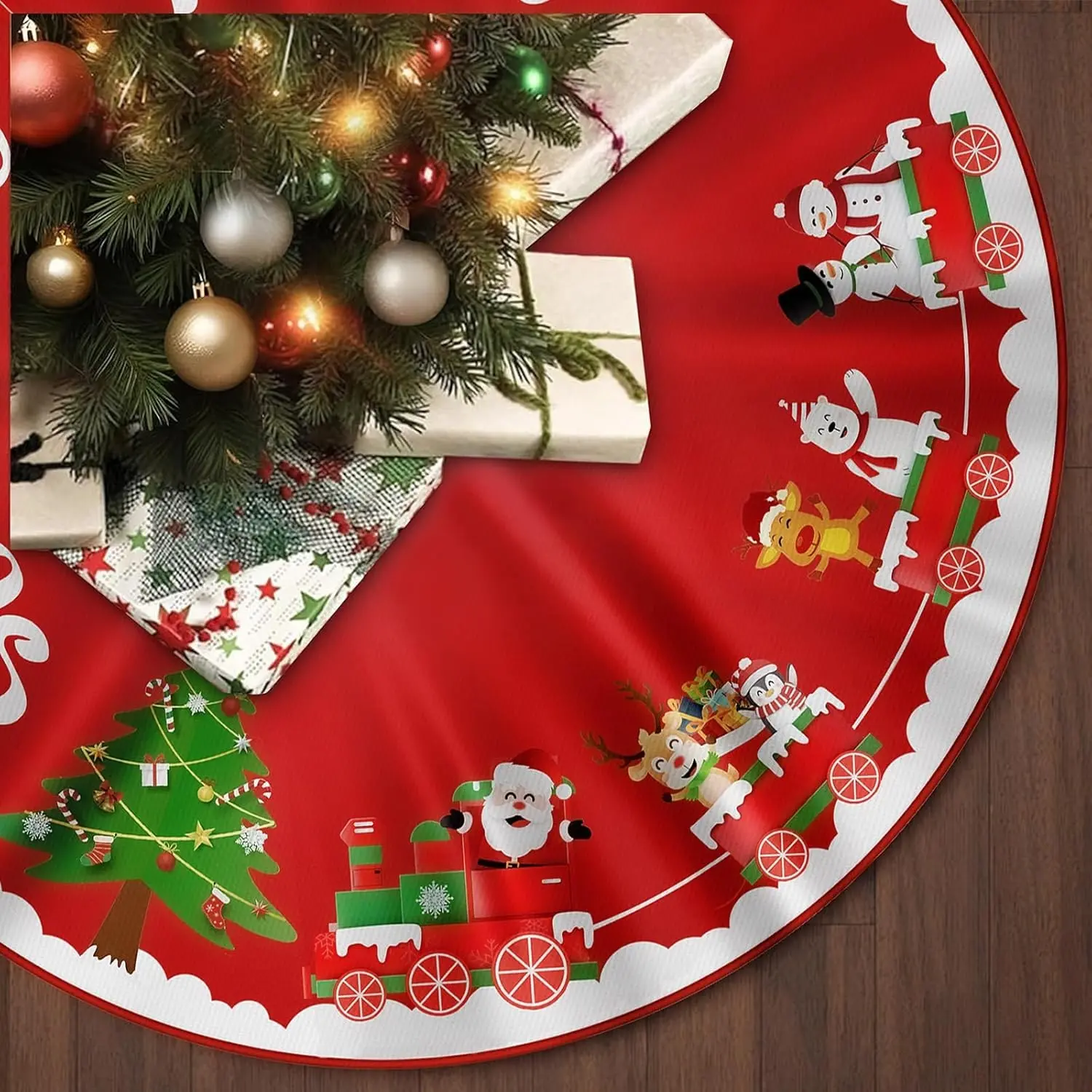 Christmas Tree Skirt Red White Cloth Christmas Tree Base Cover Skirts Decor for Xmas Party Holiday Home Garden (Christmas Train, 36inch) | Xmas Party Holiday Home Garden (Christmas Train, 36inch)