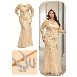 Plus Size Women's Formal Wedding Dress - Elegant Black Formal Wear, Crew Neck, Long Sleeves, Mermaid Bodycon Hem, Jewelry Set - Romance-Infused for Prom - All Seasons Womenswear