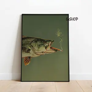 Bass Smoking a Cigarette Vintage Poster Art Funny Retro Whimsical Print Cabin Wall Decor Outdoor Sports Fisherman Illustration Gift for Dad room poster Decoration Artistic