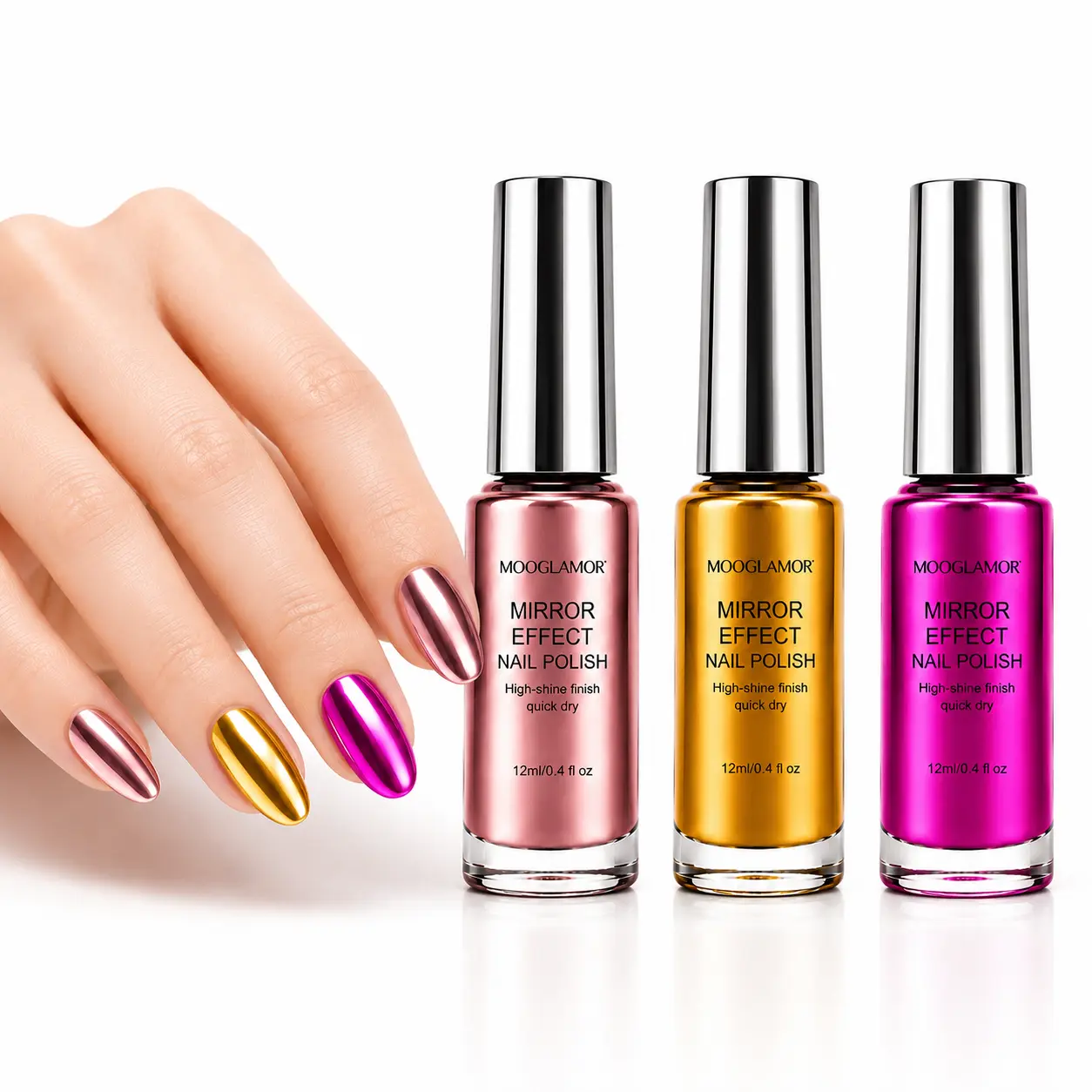 Three Bottle Pack Mirror Metallic Nail Polish Rose Gold Gold Fuchsia Shades Built In Wide Brush Applicator 12 Ml Each For Fingernail Home Festival Wedding Daily Salon DIY Manicure Nail Art Supplies