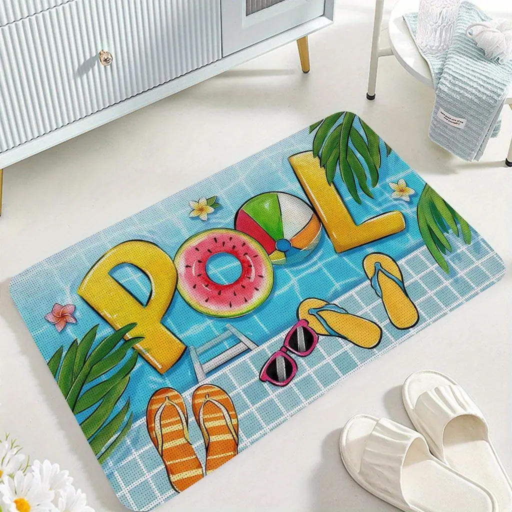 1 Summer Pool Welcome Doormat - Non-slip and machine-washable, featuring a tropical flip-flop and beach ball design; suitable for indoor and outdoor entryways, perfect for home kitchen decor and poolside decor