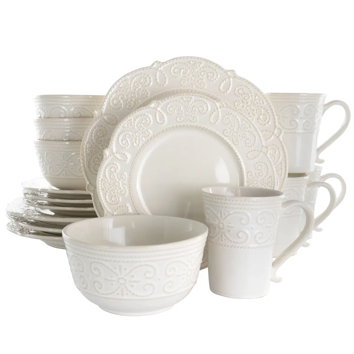 16 Piece Luna Embossed Scalloped Stoneware Dinnerware Set, White