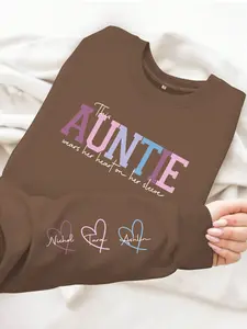 Women's Auntie Colorful Letter Pattern Round Neck Graphic Sweatshirt, Casual Fitted Pullover, Medium Stretch, All-Season Comfort