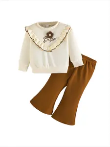 Infant Girl Casual Fall Set, Long Sleeve Ruffle Top with Flower & Letter Print & Ribbed Flare Pants, Comfort Fit