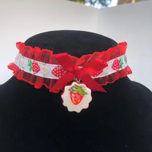 Strawberry Ribbon Choker with satin bow, and hand painted clay pendant! Cute cottagecore coquette fashion accessories Fabric Fabric