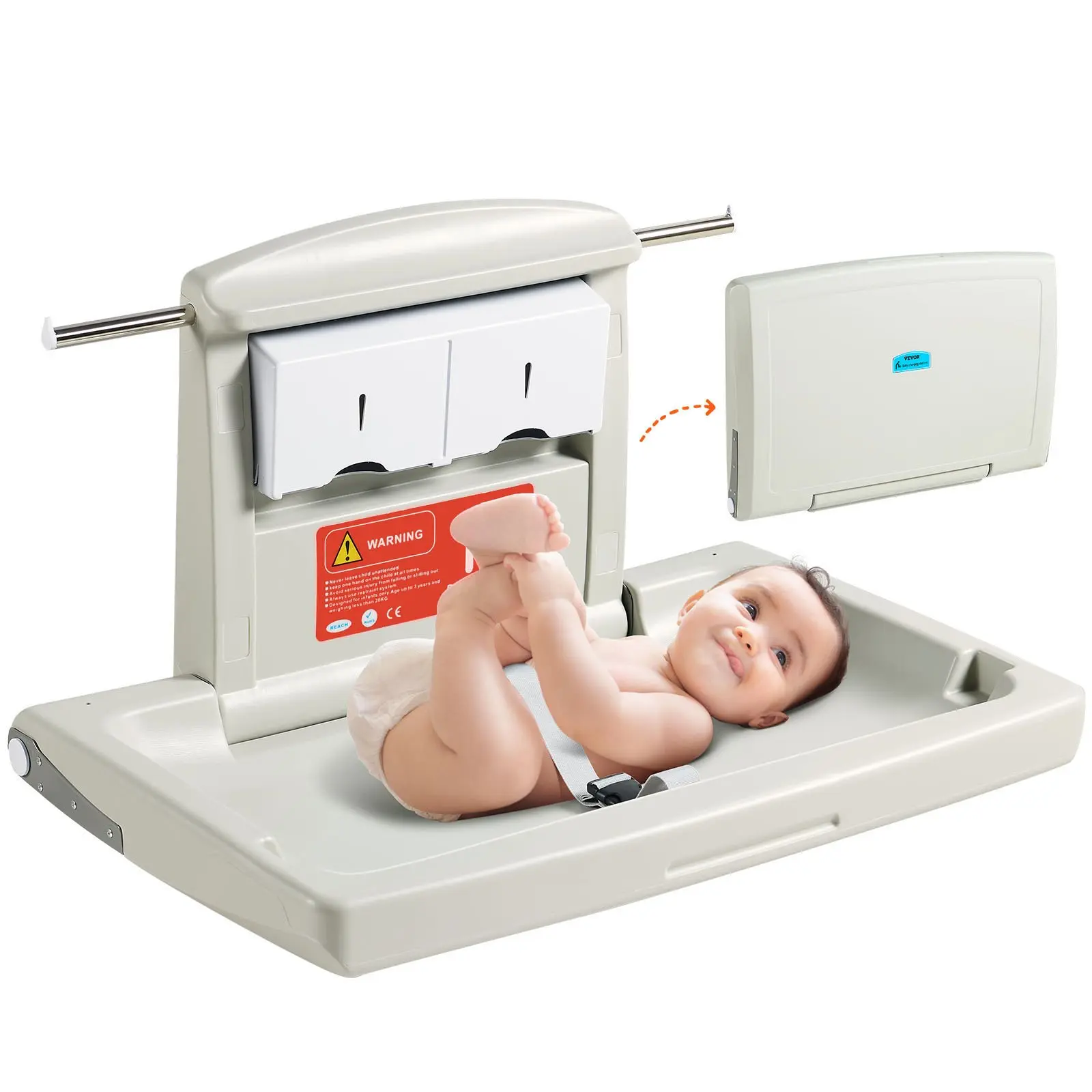 【Summerfinds】VEVOR Wall-Mounted Baby Changing Station, Horizontal Foldable HDPE Diaper Change Table with Comfortable Adjustable Straps, Hangable Rods, for Commercial Bathrooms, Newborns-Infants