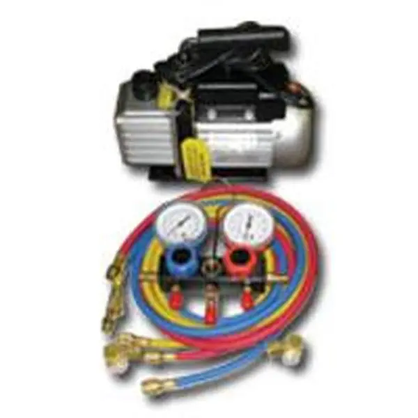 FJC FJCKIT6 Lightweight 2-Stage 3.0 CFM Aluminum Block FJC6909 Vacuum Pump and Manifold Gauge Set with Sight Glass, Durable Additional Access Port for A/C Systems