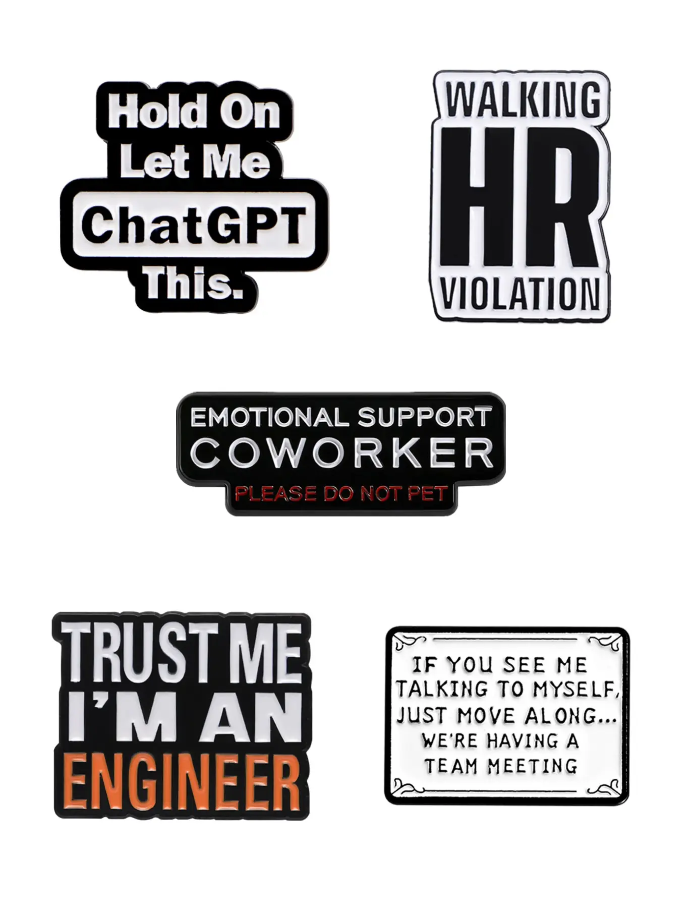 5-Piece Office Humor Workplace Lapel Pins Set, Letter Alloy Brooch Pin, Chatgpt Human Resources Humorous Jokes Design, Emotional Support Colleague Theme, Engineer Confidence Expression Accessories