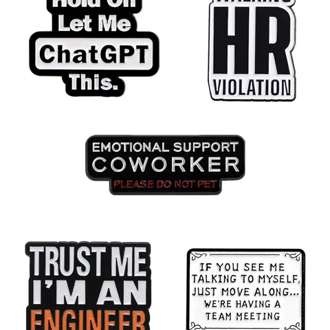 5-Piece Office Humor Workplace Lapel Pins Set, Letter Alloy Brooch Pin, Chatgpt Human Resources Humorous Jokes Design, Emotional Support Colleague Theme, Engineer Confidence Expression Accessories