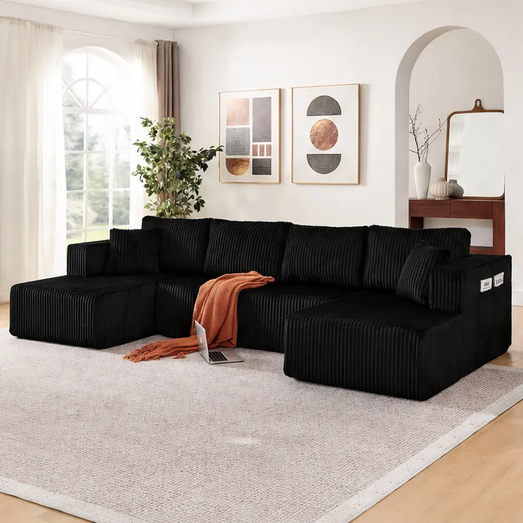 ARCH 132" U Shaped Modular Sectional Sofa with Chaise, Comfy Cloud Couch Corduroy Memory Foam Sleeper Sofa for Living Room, 6 Seat, Black, No Assembly Required, Side Pockets, Black Color Options, Corduroy Material, 6 Seat Seat Count