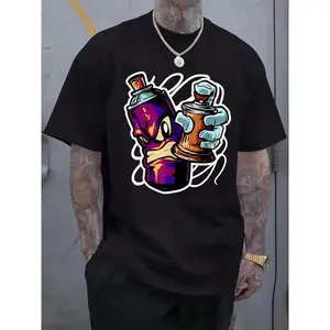 100% cotton Graffiti Art Inspired T-Shirt with Colorful Spray Paint Graphic - Urban Style Tee Featuring Fierce Character Design with Purple and Blue Tones, Yellow Eyes and Swirling White Lines - Perfect for Trendsetters and Streetwear Enthusiasts, Ideal
