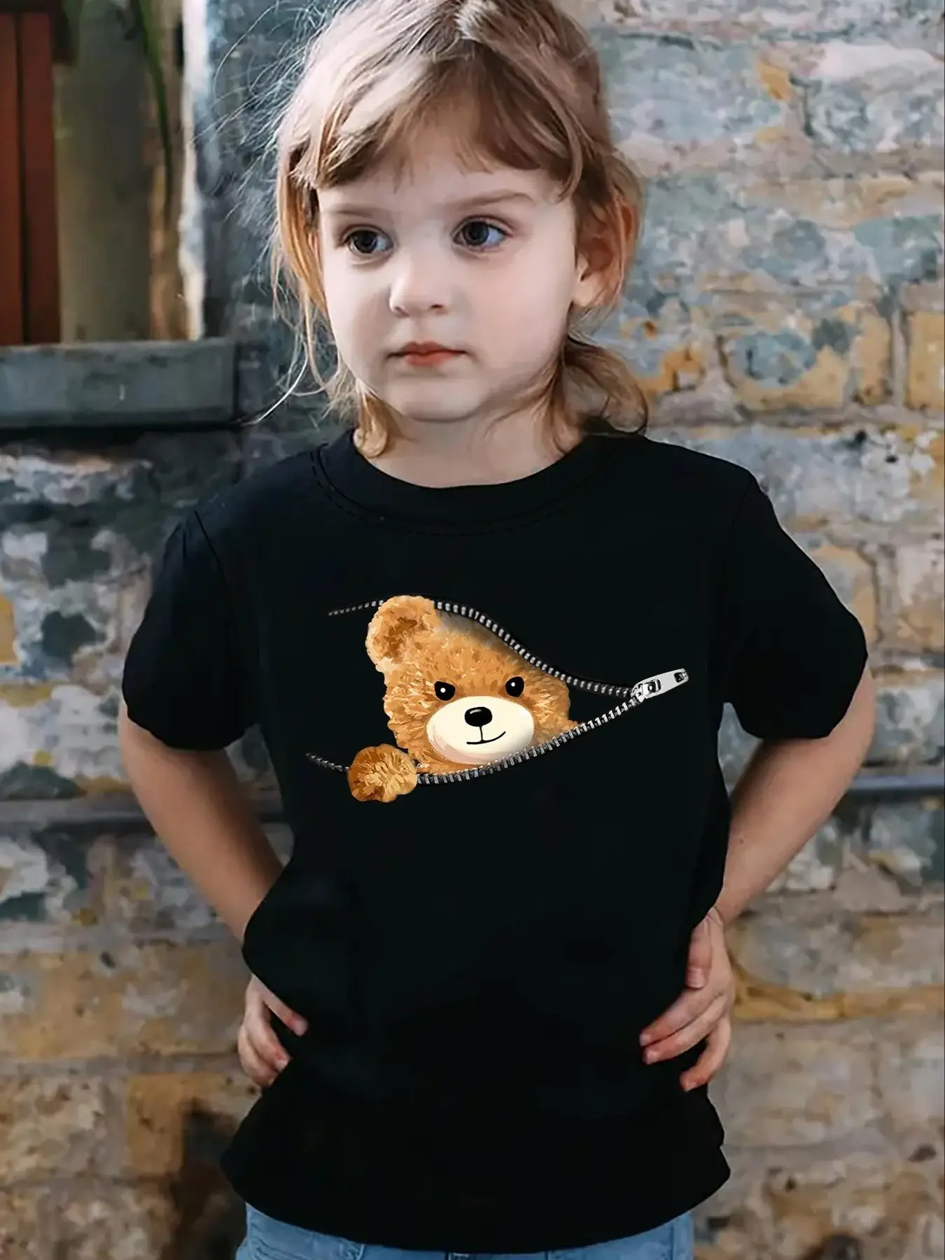Girl's Cartoon Bear Print Round Neck Tee, Fashion Cute Casual Crew Neck T-shirt for Daily Holiday Vacation Outdoor Wear, Kids Clothes for Summer