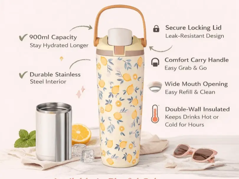 Owala 30oz FreeSip Sway Tumbler, Lemon Printed with Travel Grip, Vacuum Insulated Kitchen Drinkware Water Bottle, Home Decor Gift