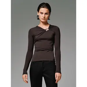 URBAN REVIVO 2026 Spring Women's Viscose Slim-Fitting Korean Longsleeve Casual Blouse Shirt - Elegant Metal Buckle, Twist Asymmetrical Shoulder, Knot Front, Premium Fabric, UWM450203, Longsleeves